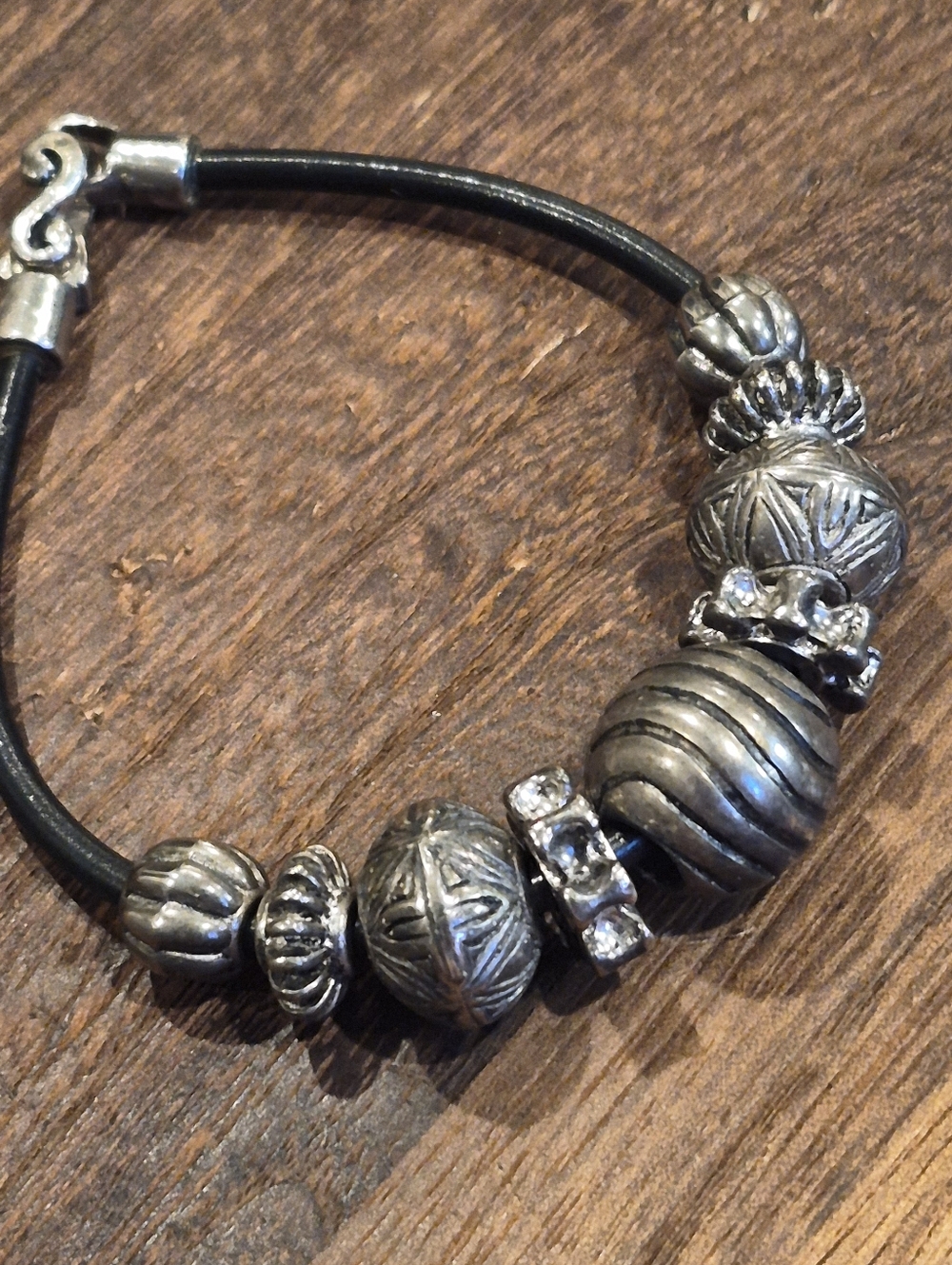 Vintage Silver Tone Beaded Black Leather Cord Bracelet, Magnetic Closure